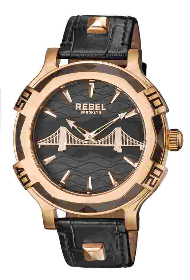 Rebel Men's RB102-8071 Brooklyn Bridge  Rose-Gold IP Steel Black Leather Watch