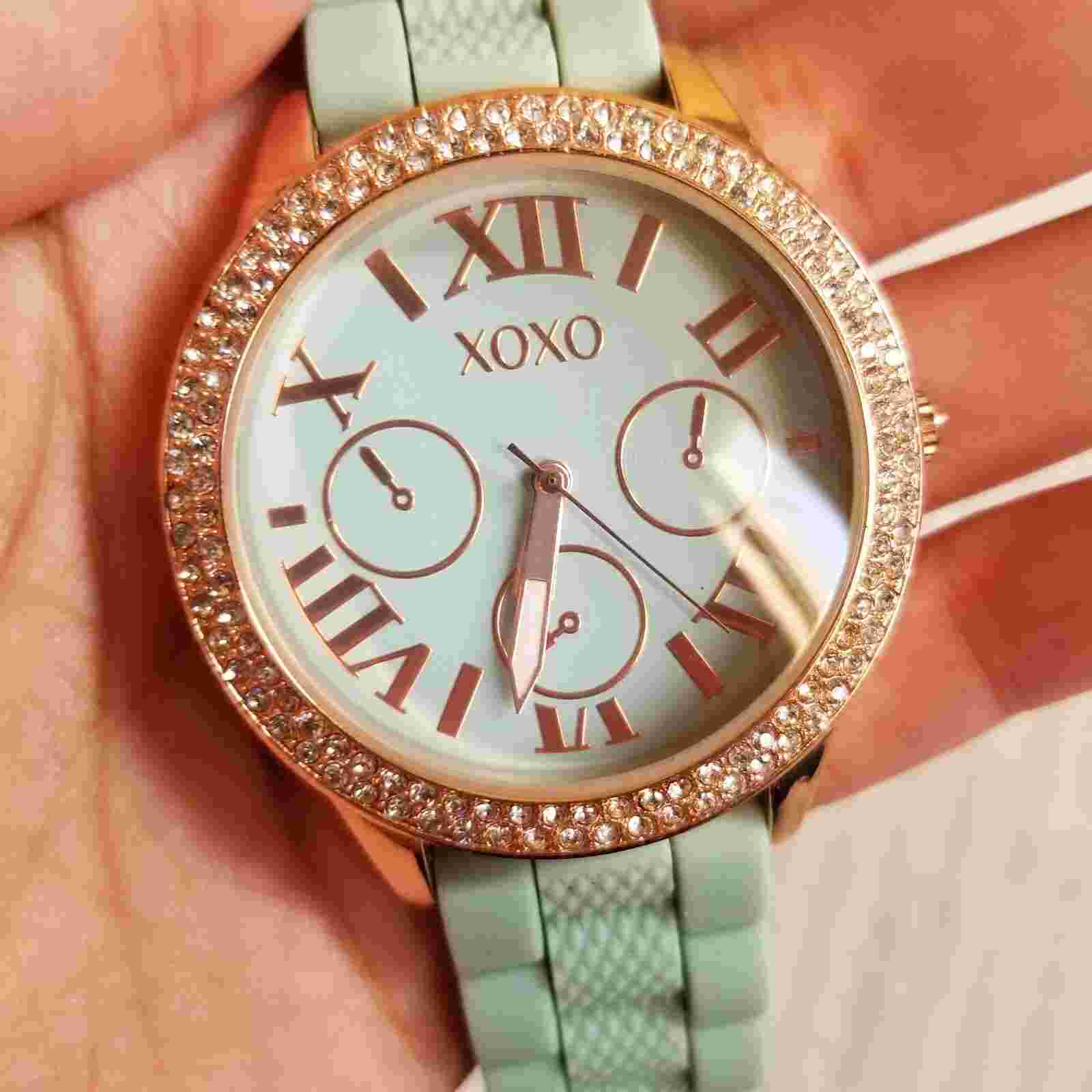 XOXO Women's Rhinestone Accented Rose Gold Watch With Green Silicone Strap