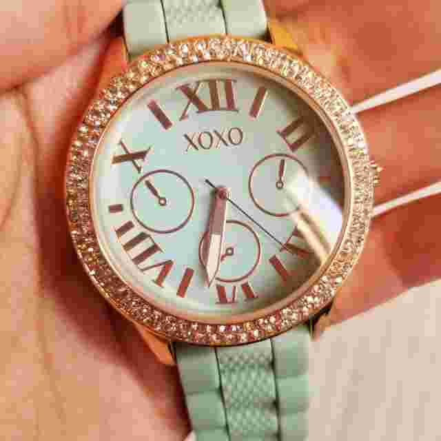 XOXO Women's Rhinestone Accented Rose Gold Watch With Green Silicone Strap