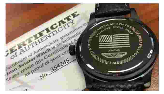 Men's AMERICAN AVIATOR 1945 Field Military Pilot Watch, Black Dial, Leather Band
