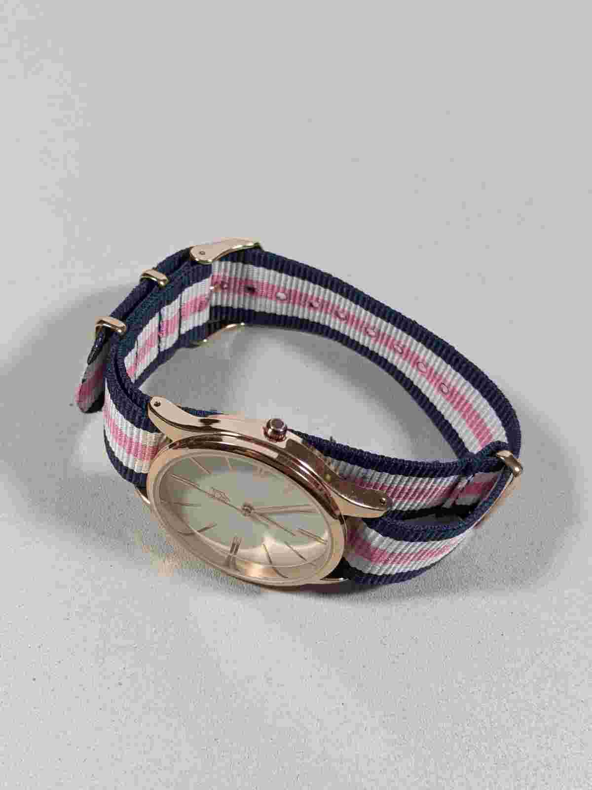 Aeropostale White Dial Gold Tone Case 38 mm Blue White Pink Canvas Band Watch