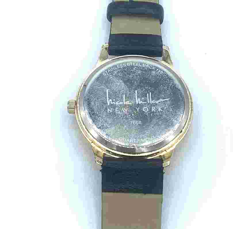 Nicole Miller WOMENS Black Leather Analog Black Dial Quartz Watch NEEDS BATTERYS
