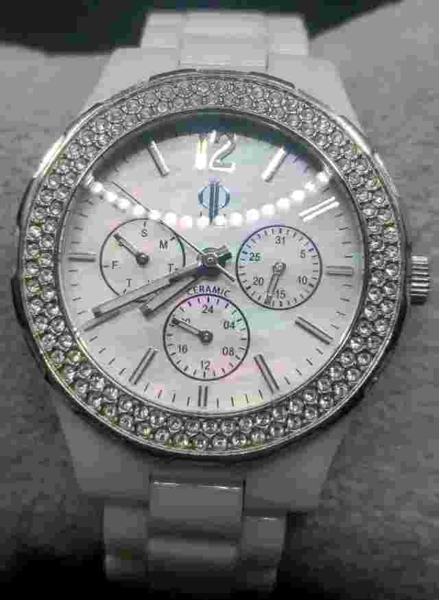 Jennifer Lopez Watch MOP Dial White Ceramic Band Swarovski Crystal Day/Date
