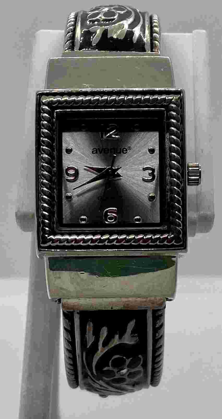 AVENUE Ladies Watch New Battery Hinged Cuff Black Enamel/Silver With  Crystals