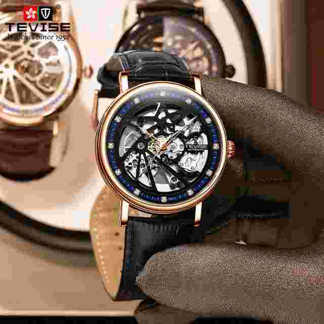 TEVISE Men's Skeleton Hollow Luminous Tourbillon Automatic Mechanical Wristwatch