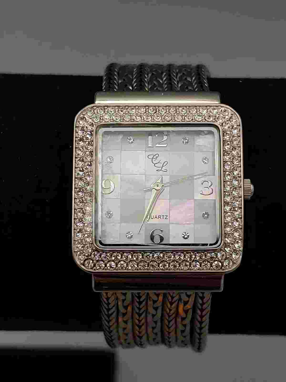 Colleen Lopez Watch Abalone Face Black Metal Braided Band Swarovski Crystals