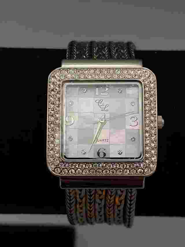 Colleen Lopez Watch Abalone Face Black Metal Braided Band Swarovski Crystals