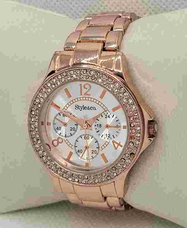 Ladies Style & Co Rose Gold Tone Rhinestone Bezel Link Bracelet Analog Watch H1