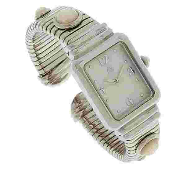 HSN Colleen Lopez Stainless Steel Mother Of Pearl Gemstone Dial Cuff Watch