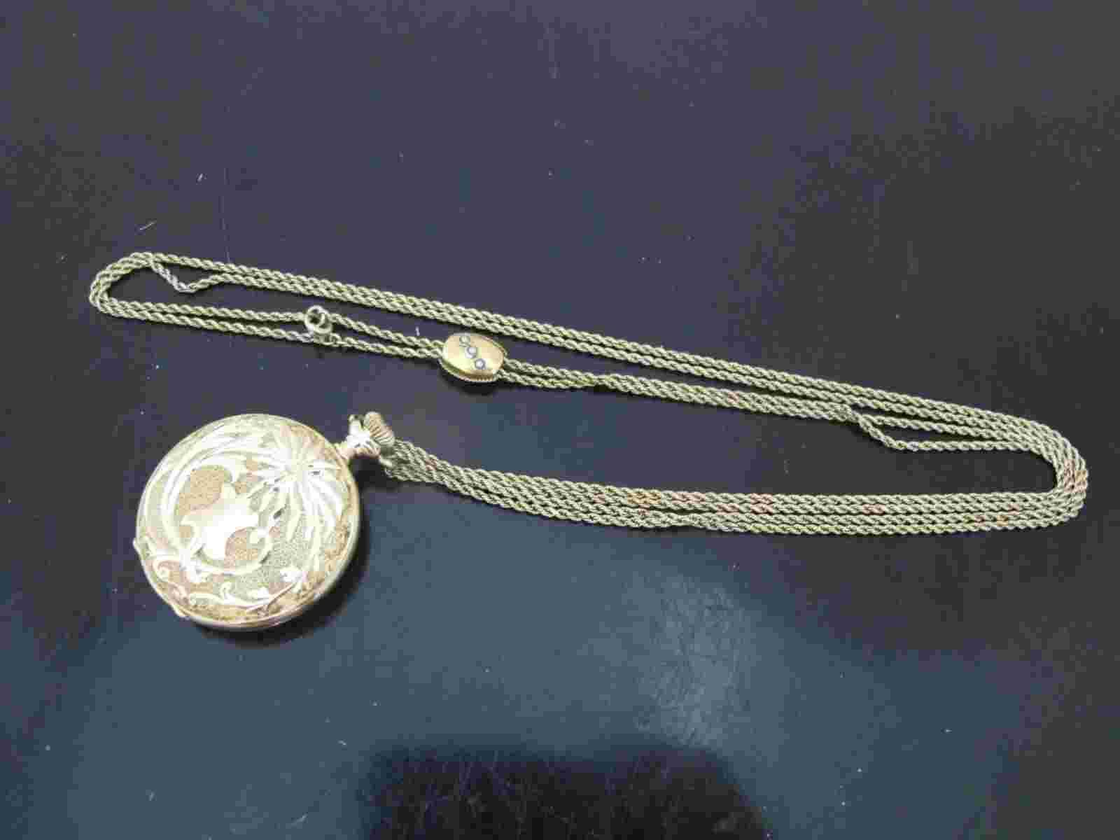 GRUEN 14k Yellow Gold Engraved GRIFFINS Hunter Case Seed Pearl FOB Pocket WATCH