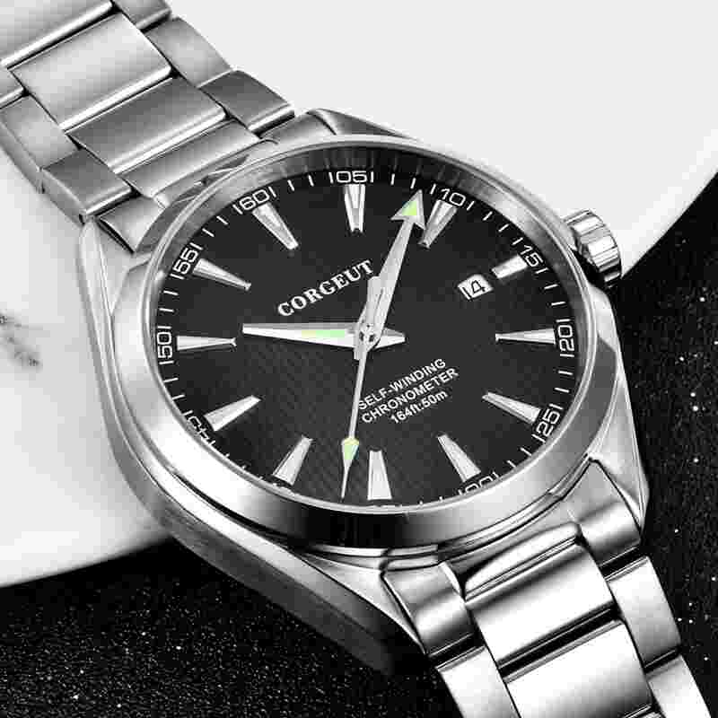 Fashion 41mm Corgeut Automatic Men's Watch SS Case Steel Strap Sapphire Glass