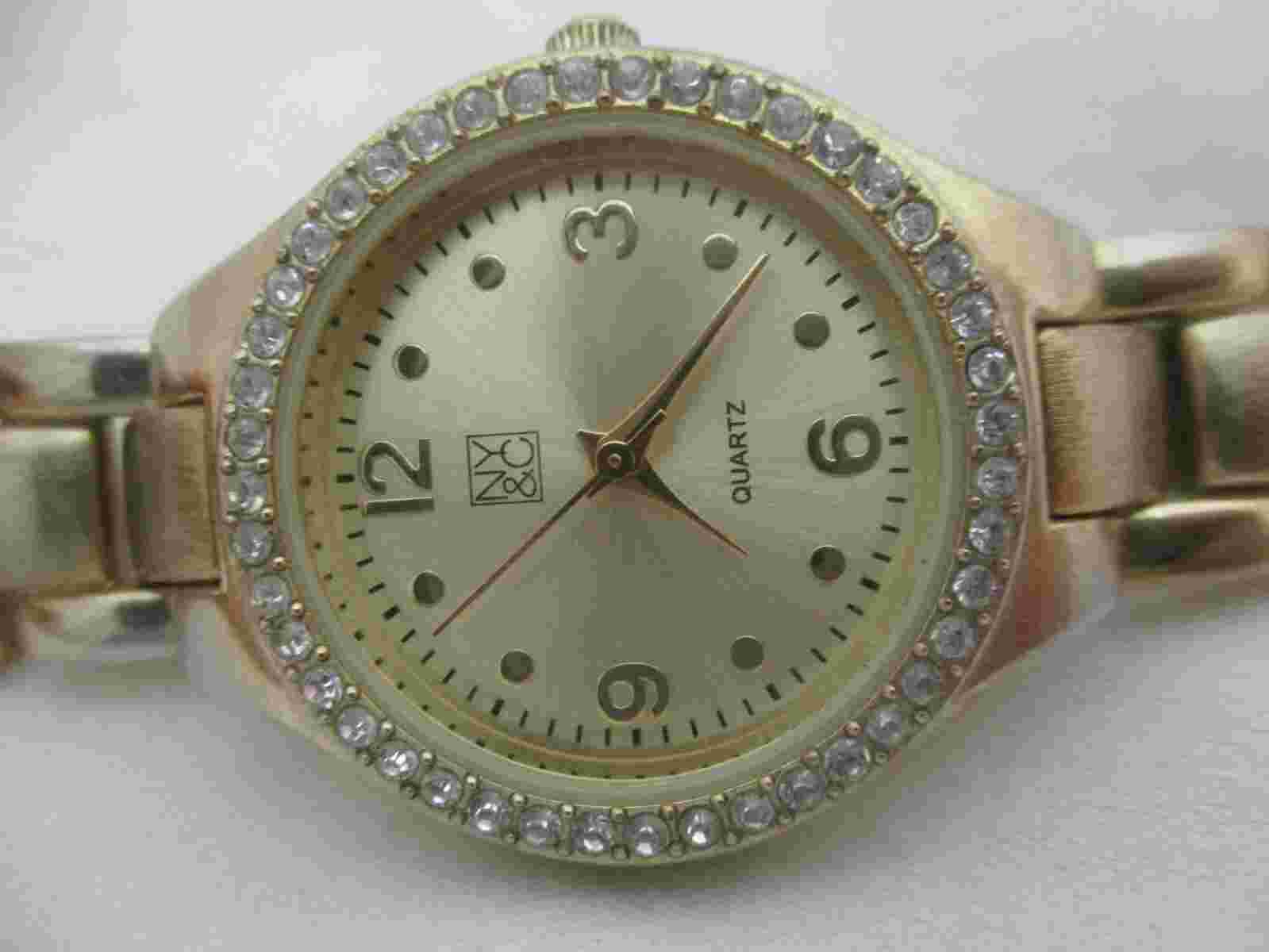 New York & Company Wristwatch Gold Tone Link Band Rhinestones