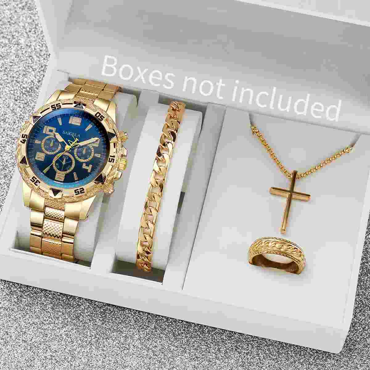 4Pcs/Set Fashion Men's Watch Casual Gold Steel Band Analog Male Quartz Watches J