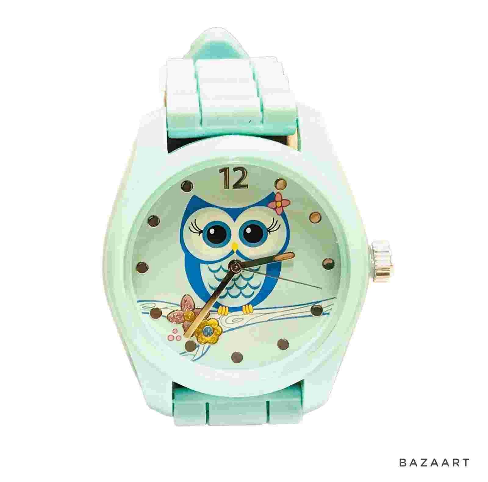 FMDX288 Baby Blue Owl Watch Quartz Watch Silicone Women's Rhinestone Flowers EUC