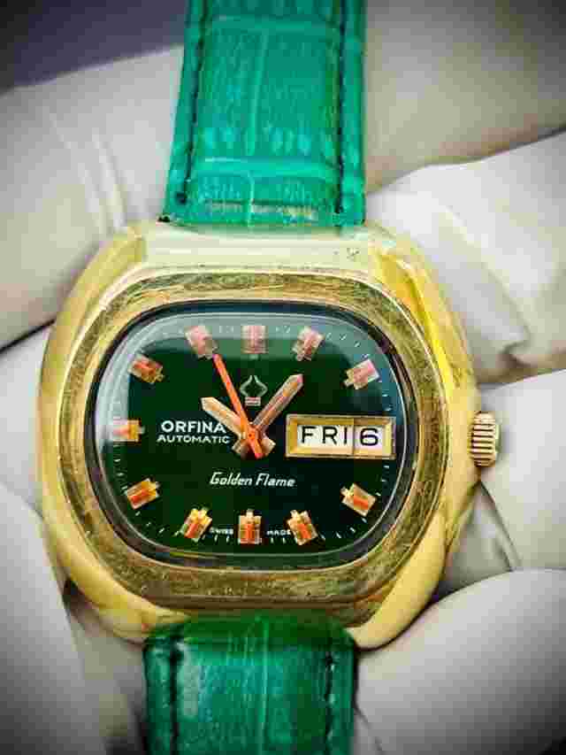 Vintage Orfina Golden Flame Emerald Green Dial Automatic Mens Swiss Watch 39mm