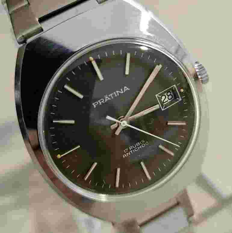 Vintage Prätina Cal. Men's Watch FE-140 Date 17J "Black" Steel 70's Men's