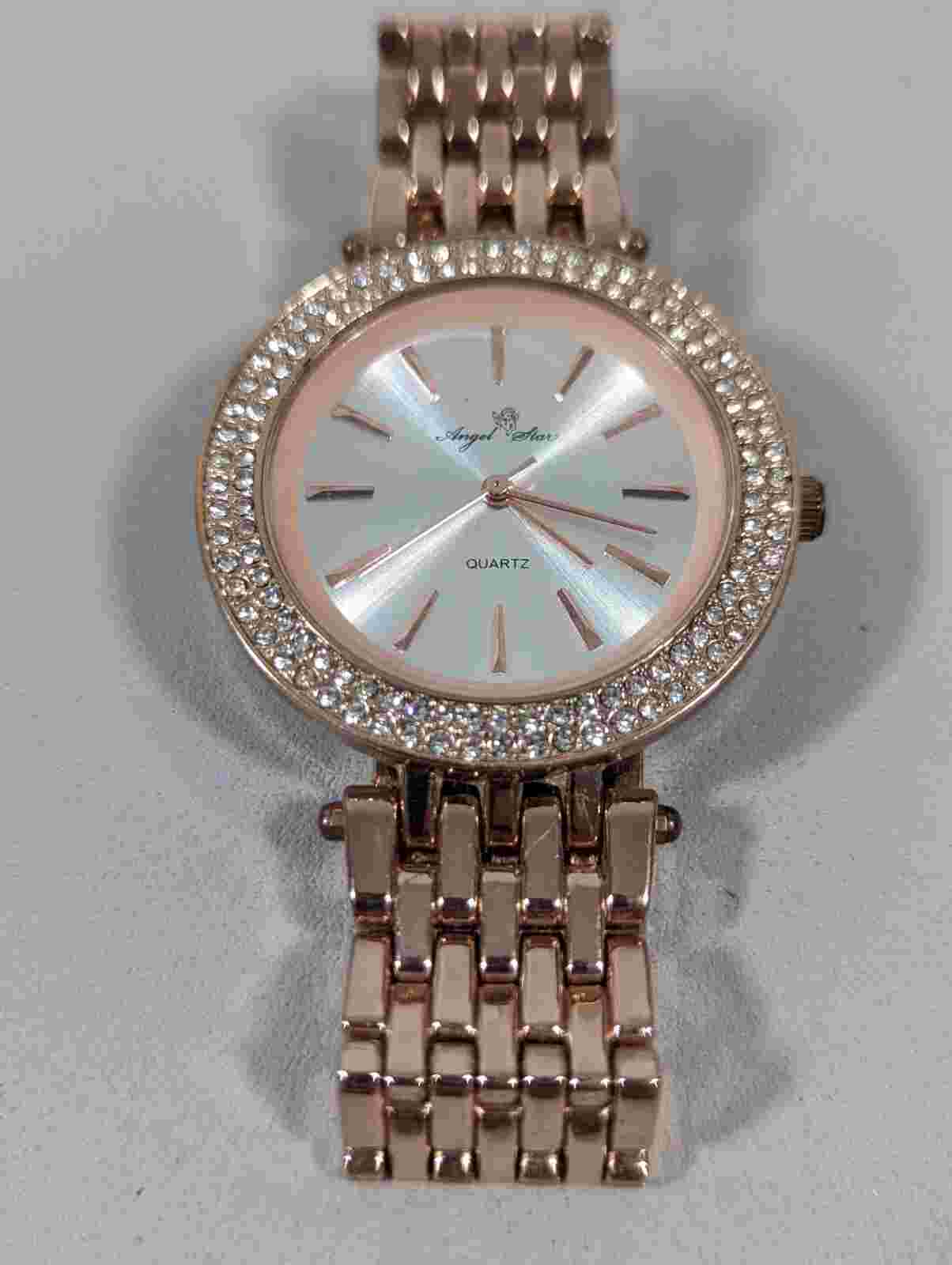 Angel Star Rose Gold Tone Crystal Accent Round Case Stainless Steel Band Watch