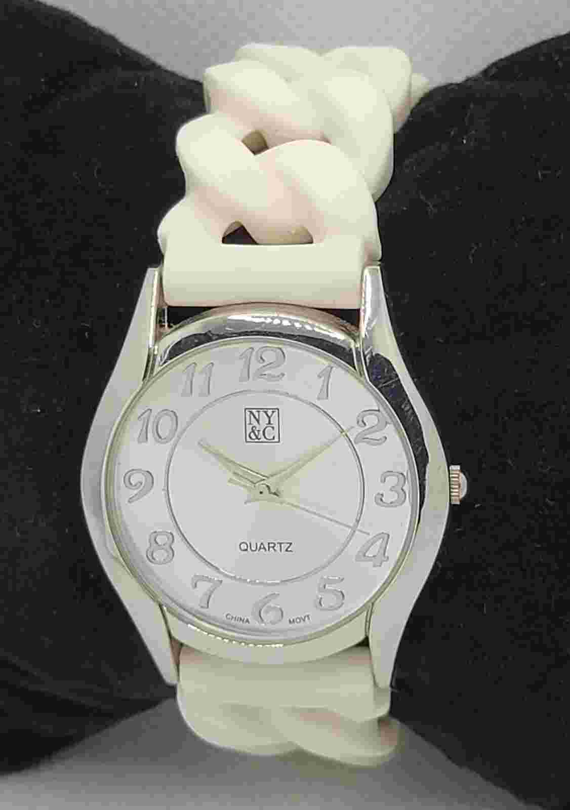 Ladies NY&C Stylish Silver Tone White Silicone Braided Stretch Band Watch L6