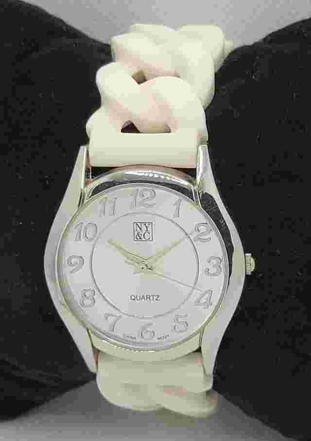 Ladies NY&C Stylish Silver Tone White Silicone Braided Stretch Band Watch L6
