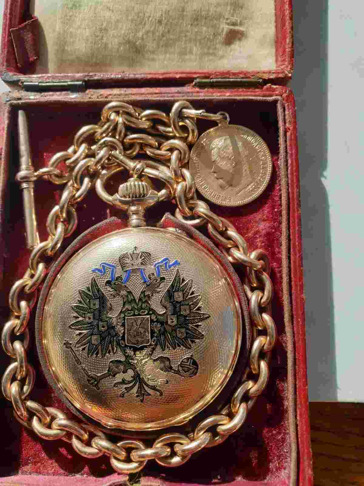 Antique Golden (0.583 14K) Imperial Russian Military Gif Pocket Watch and Chein