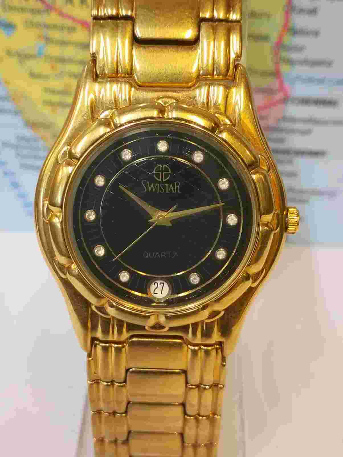 SWISTAR QUARTZ BLACK DIAL 3221M SWISS MEN'S FULL WORKING ALL ORIGINAL VINTAGE