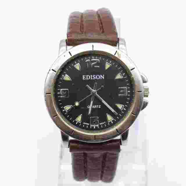 Vintage EDISON Watch Mens Silver Tone Stainless Steel Classic Black Quartz Dial