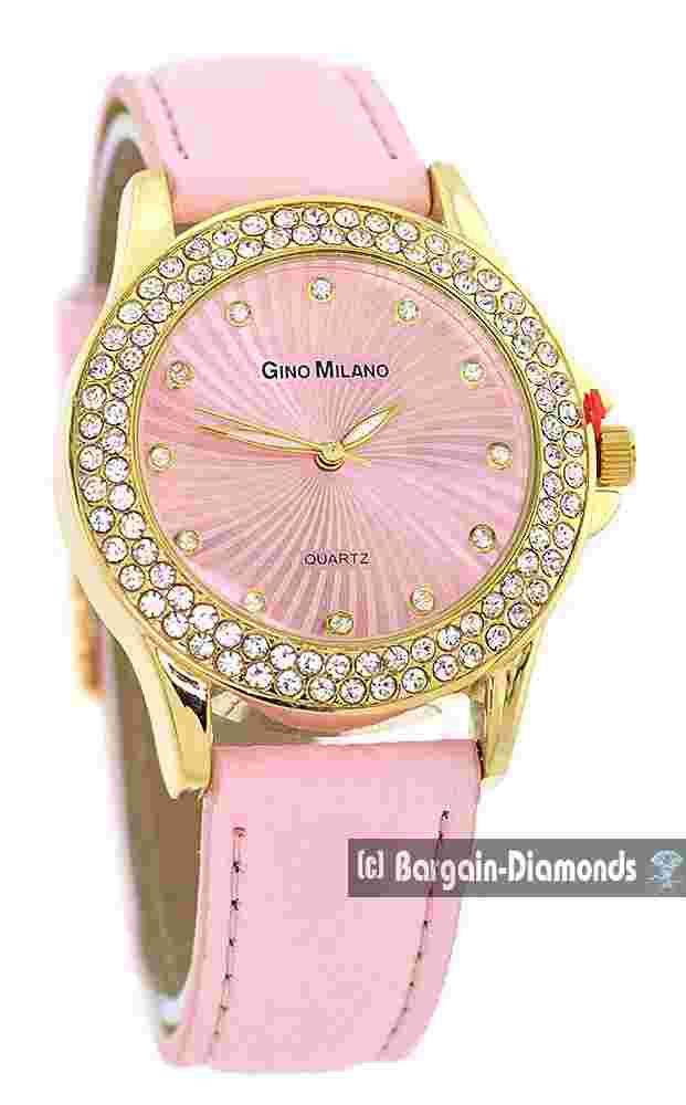Ladies Pink-Gold tone-CZ Clubbing Watch Pink-CZ Dial Pink Strap 7"-8.5" Wrist