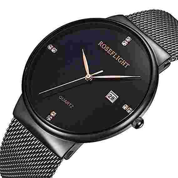 Men's Fashion Date Slim Analog Quartz Watches Black Dial with Stainless Steel Go