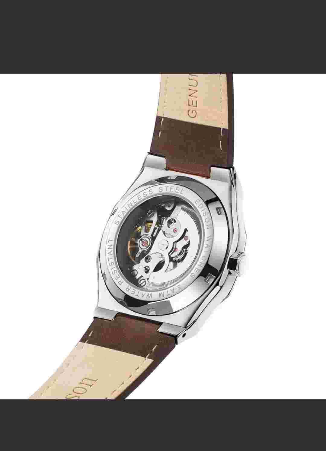 Mens Edison Roadster Automatic Watch Silver Colour Hexagon Case Brown Leather