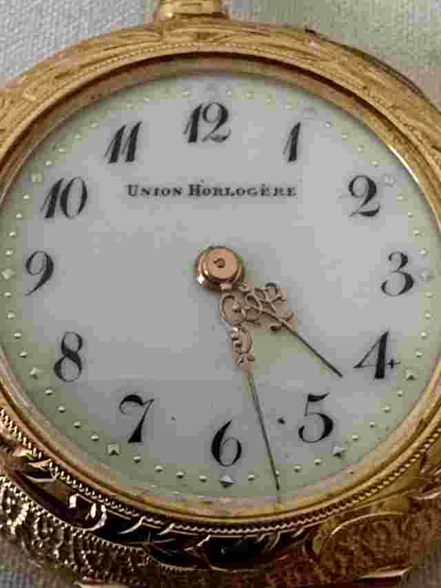 Union Horlogere 585 14k Yellow Gold Enamel Ladies Pocket Watch 1909 Hamburg