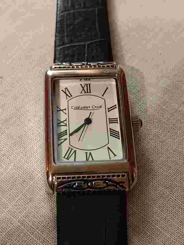 Coldwater Creek Silver Tone Black Leather Croc Band Rectangle Case Watch Runs