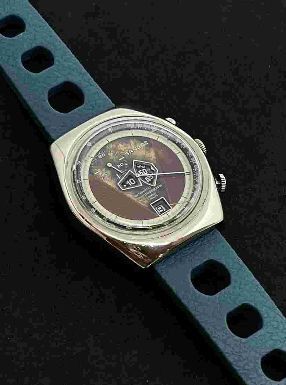 Vintage SANDOZ Chronograph Jump Hour Date Men’s Automatic Watch TDB 1376 SS Red
