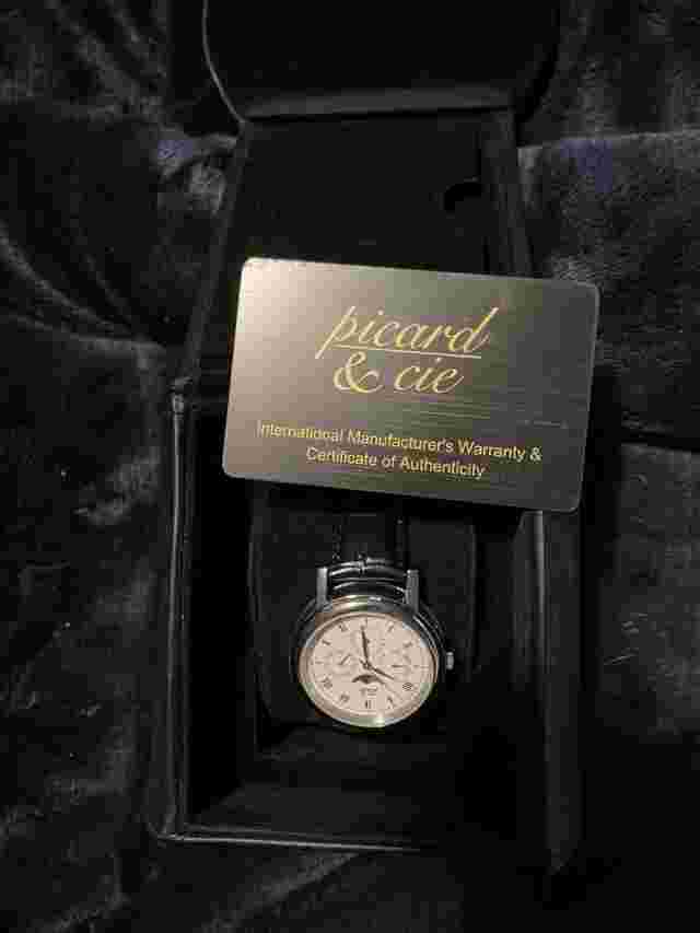 Men's PICARD & CIE All Stainless Steel Moon Phase Watch, Black Leather, 40mm
