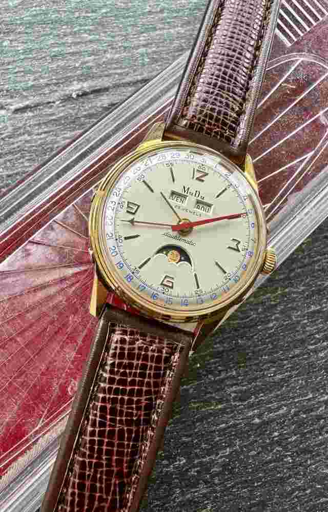 RARE VINTAGE MuDu DOUBLEMATIC TRIPLE DATE MOONPHASE MEN WRISTWATCH C:1950-60’s