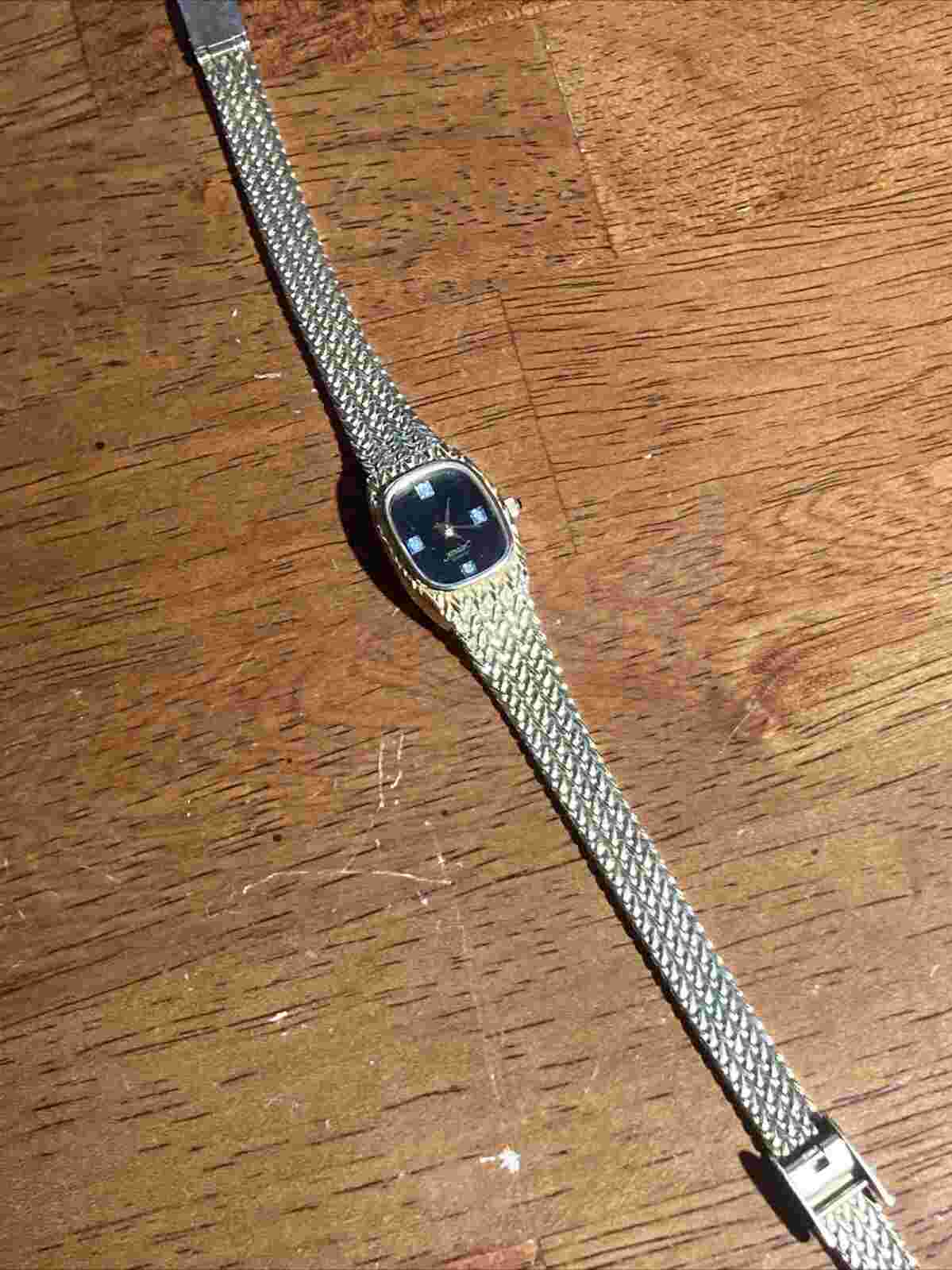 Xavier Womans Gold Tone Watch w Black Dial Diamond Markers Works w New Battery