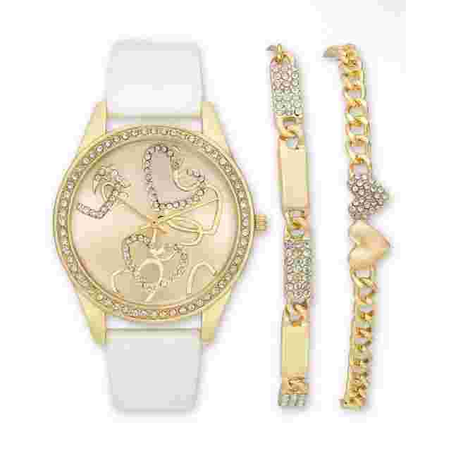 Gold Tone Crystal Heart Watch Faux Leather Band (3pc Set) Trendy Fashion Vday