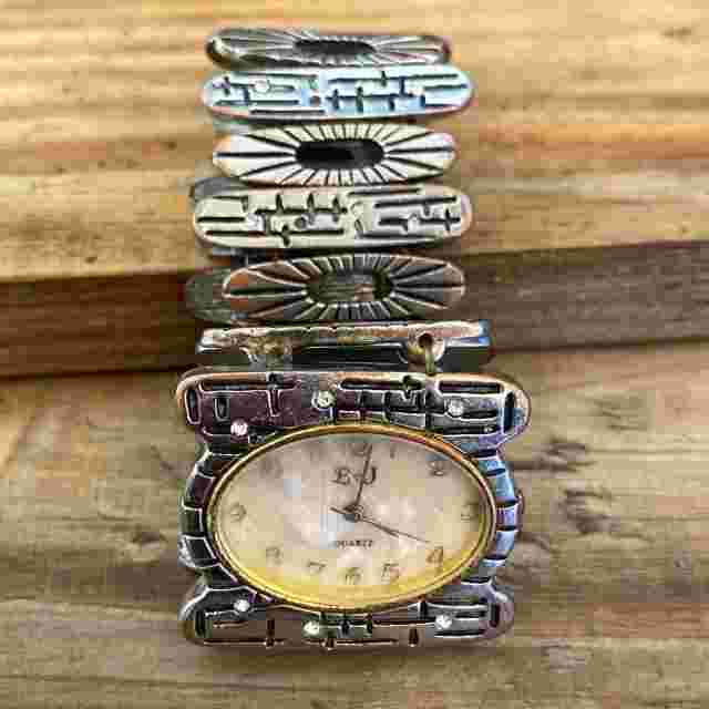 L & J Quartz Silver Tone Heart Cross Elastic Cuff Watch Stainless Steel Back