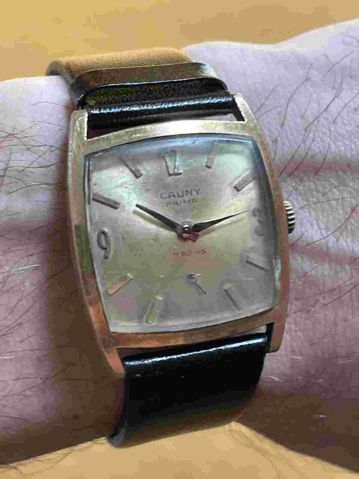 CAUNY PRIMA Tank Watch Manual Wind Gold Plate Sub Seconds Cushion Swiss Vintage