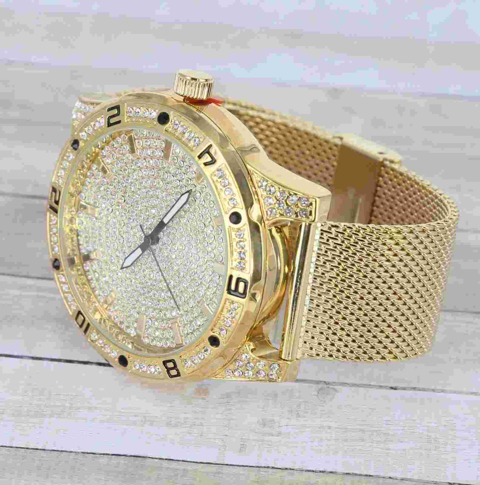Men's Gold Finish 54 mm Ice Bezel & Dial Watch Stainless Still Band