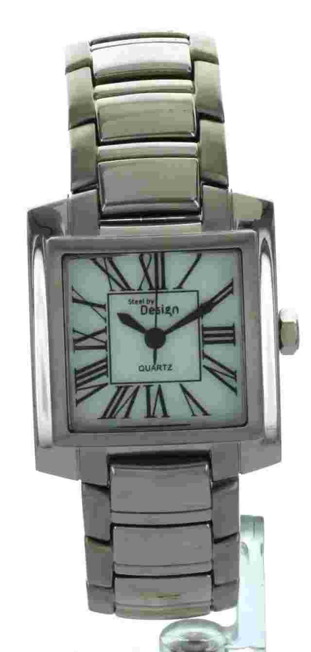 Steel by Design Square Case solid stainless Steel Watch, Silver tone ,