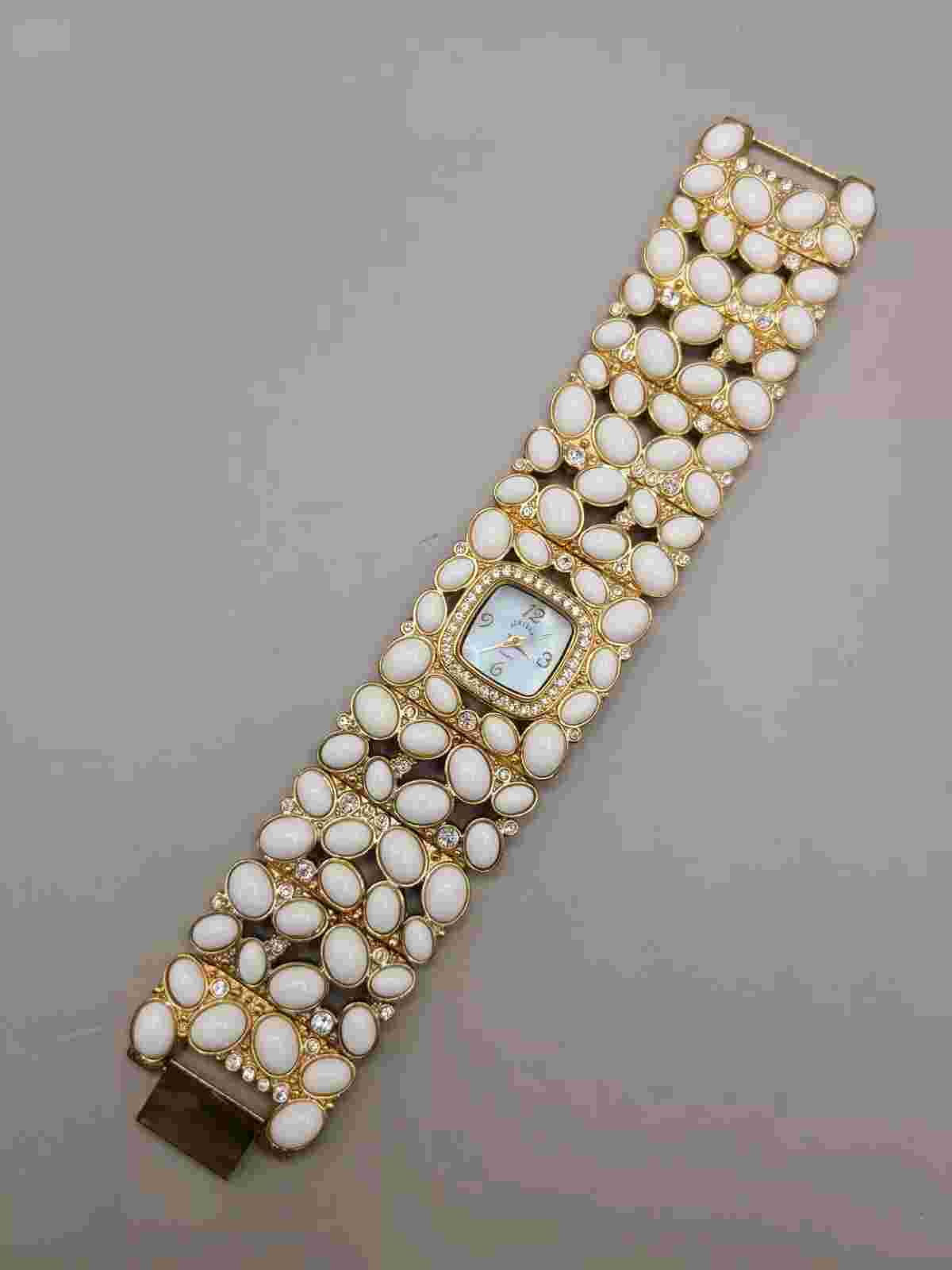 VTG ADRIENNE White Watch Pearl Face Rhinestone Gold Bling Bracelet for parts