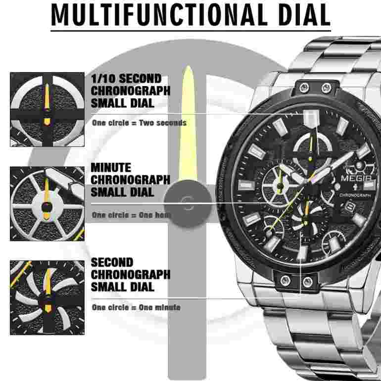 MEGIR Quartz Mens Watch Luxury Stainless Steel Watch for Men Sport Wristwatch