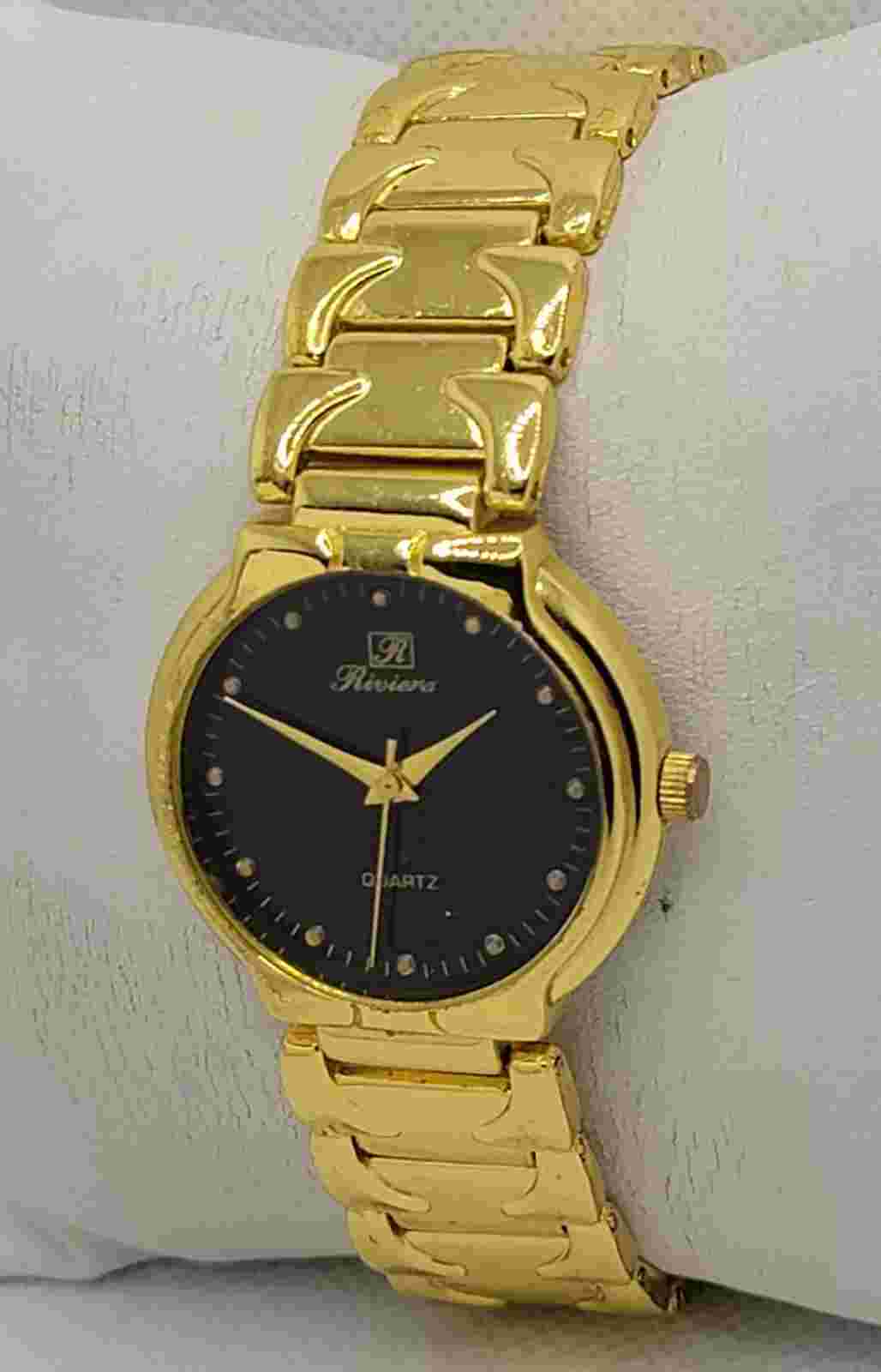 Mens Riviera Classic Black Dial Gold Tone Case Link Bracelet Analog Watch L6