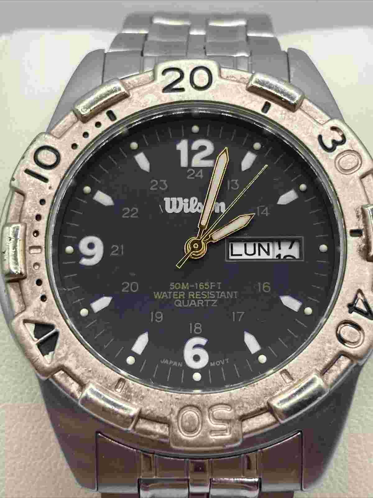 Vintage Wilson Men 41mm Watch Silver Tone Black Dial Day Date LWA212X - RUNS