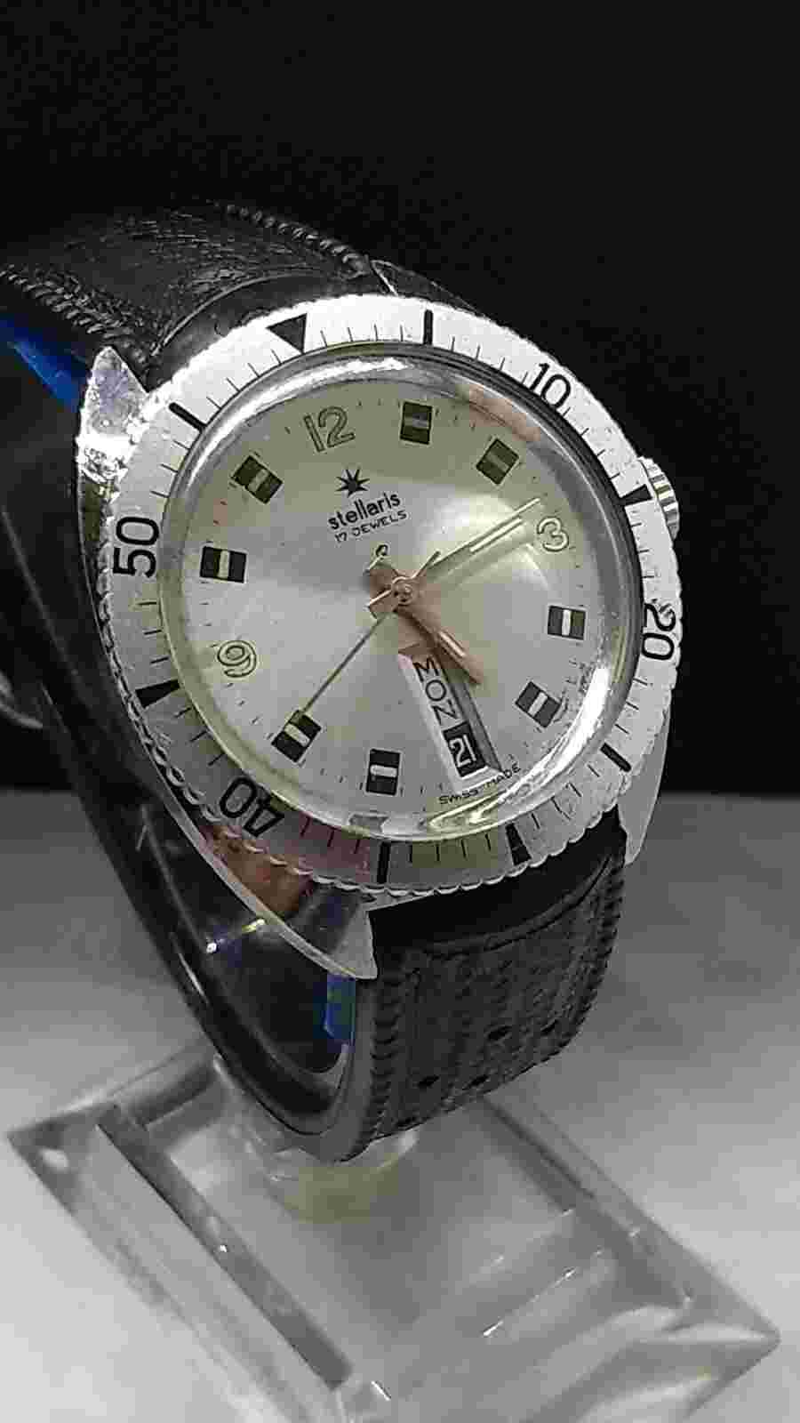 Vintage 70s Stellaris Skin Diver Watch.17j.Day&Date,At 6:00,Swiss Made Wind Up.