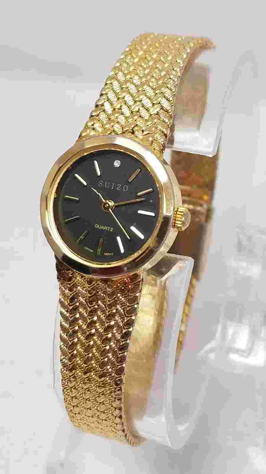 Vintage Suizo Women's Quartz Gold Tone Watch w/Black Dial - New Battery