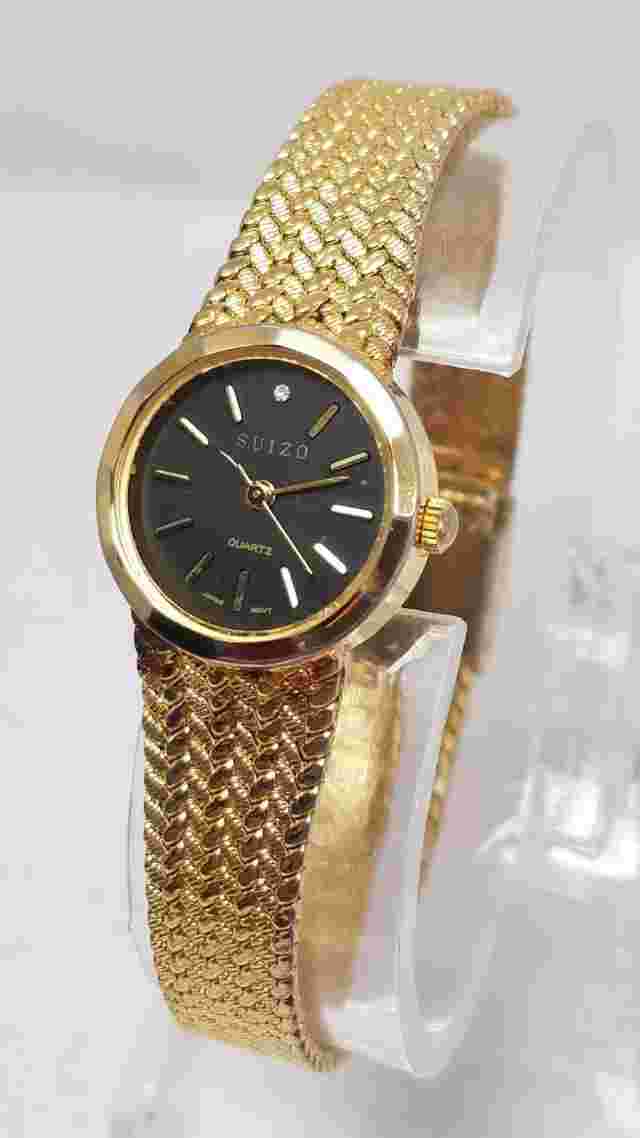 Vintage Suizo Women's Quartz Gold Tone Watch w/Black Dial - New Battery