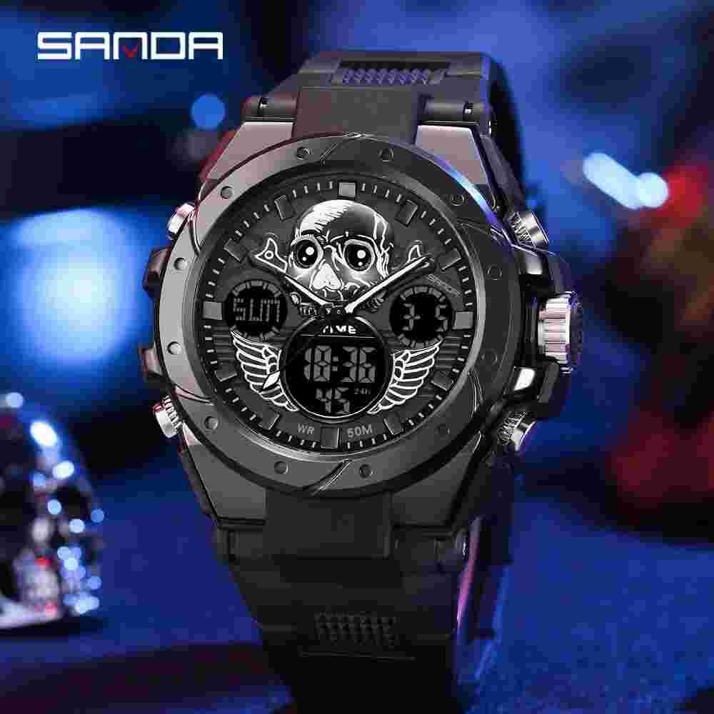 SANDA Sport 6087 Watch Men Military Army Top Brand Skull Wristwatch Dual Display