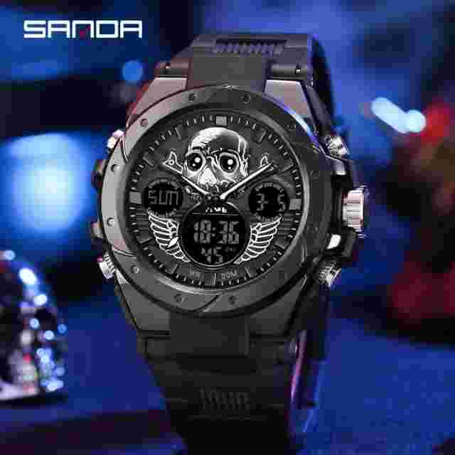 SANDA Sport 6087 Watch Men Military Army Top Brand Skull Wristwatch Dual Display
