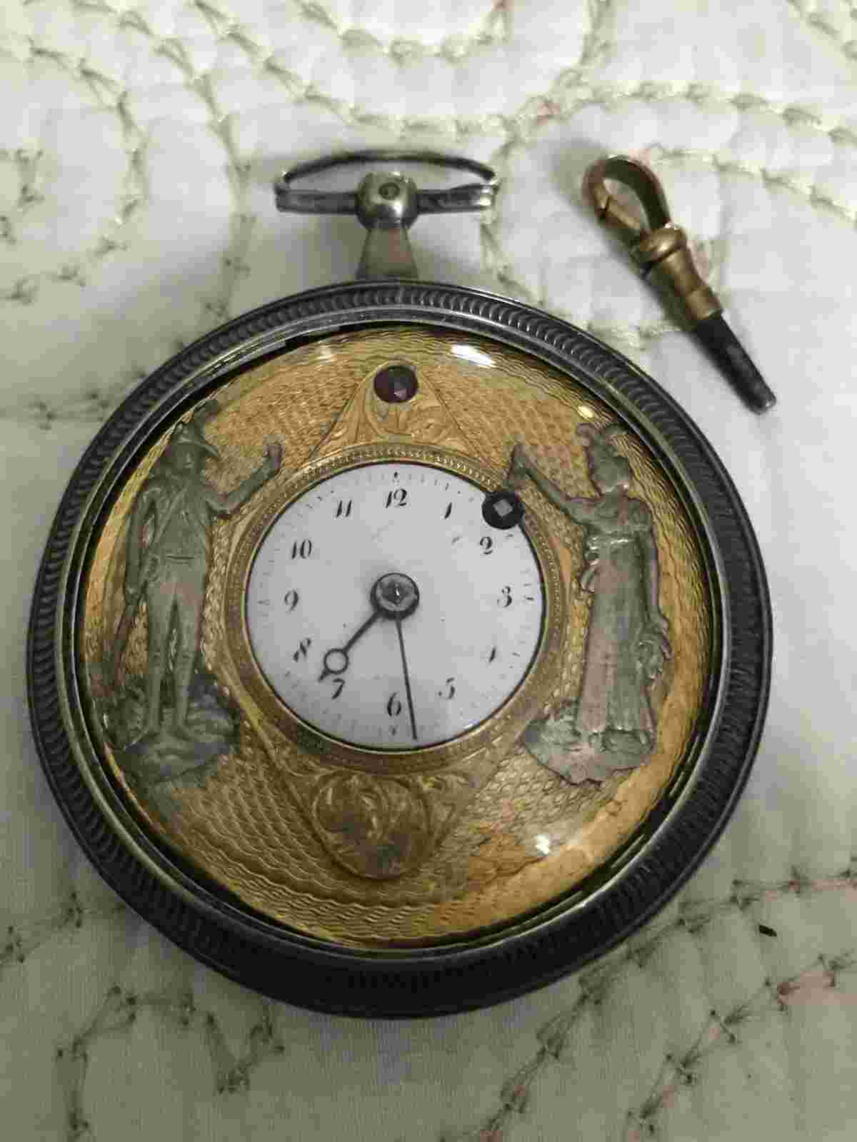 SALE- Antique Continental 18k gold/silver/ruby pocket watch c1800's